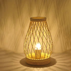 Contemporary Boho Wood Bamboo Weaving Lantern Shape 1-Light Table Lamp For Bedroom Lumendat