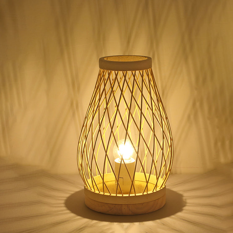 Contemporary Boho Wood Bamboo Weaving Lantern Shape 1-Light Table Lamp For Bedroom Lumendat