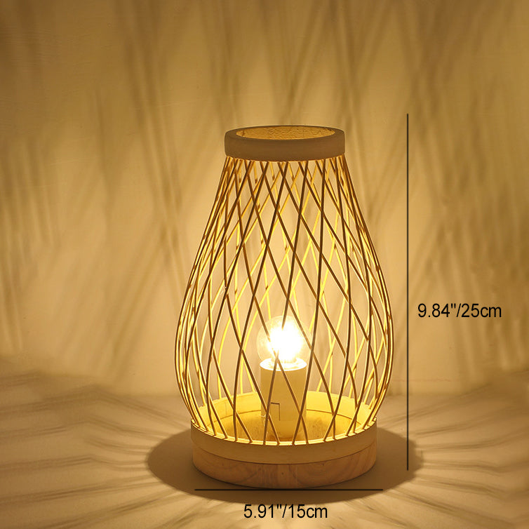 Contemporary Boho Wood Bamboo Weaving Lantern Shape 1-Light Table Lamp For Bedroom Lumendat