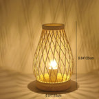 Contemporary Boho Wood Bamboo Weaving Lantern Shape 1-Light Table Lamp For Bedroom Lumendat