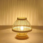 Contemporary Boho Wood Bamboo Weaving Lantern Shape 1-Light Table Lamp For Bedroom Lumendat