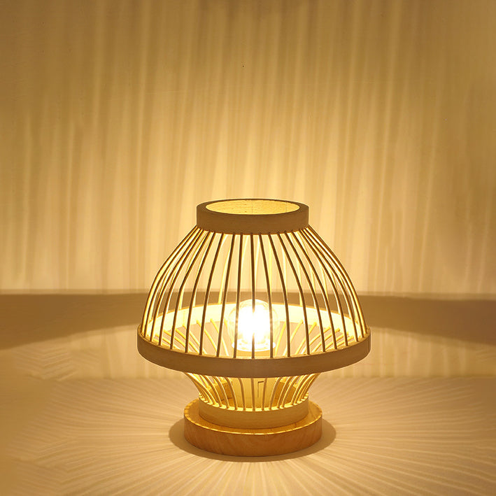 Contemporary Boho Wood Bamboo Weaving Lantern Shape 1-Light Table Lamp For Bedroom Lumendat
