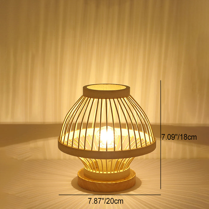 Contemporary Boho Wood Bamboo Weaving Lantern Shape 1-Light Table Lamp For Bedroom Lumendat