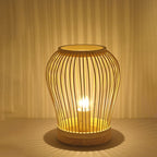 Contemporary Boho Wood Bamboo Weaving Lantern Shape 1-Light Table Lamp For Bedroom Lumendat