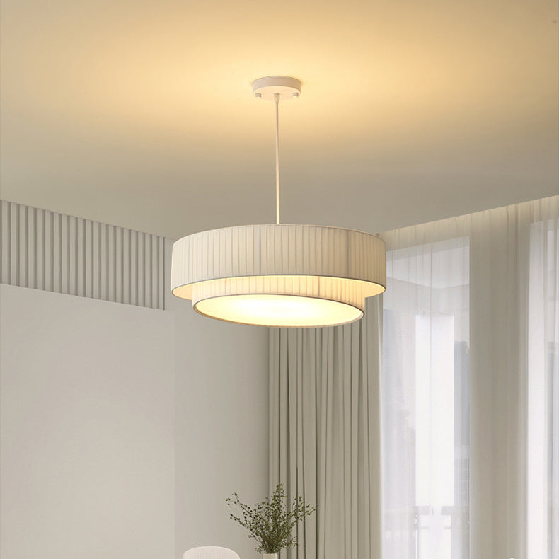 Contemporary Nordic Double Layer Drum Pleated Fabric Iron Acrylic 4/5-Light Pendant Light For Living Room