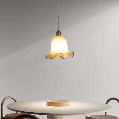 Traditional Vintage Flowers Brass Glass 1-Light Pendant Light For Bedroom