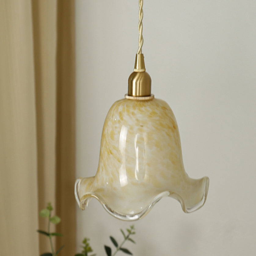 Traditional Vintage Flowers Brass Glass 1-Light Pendant Light For Bedroom
