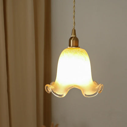 Traditional Vintage Flowers Brass Glass 1-Light Pendant Light For Bedroom