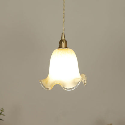 Traditional Vintage Flowers Brass Glass 1-Light Pendant Light For Bedroom