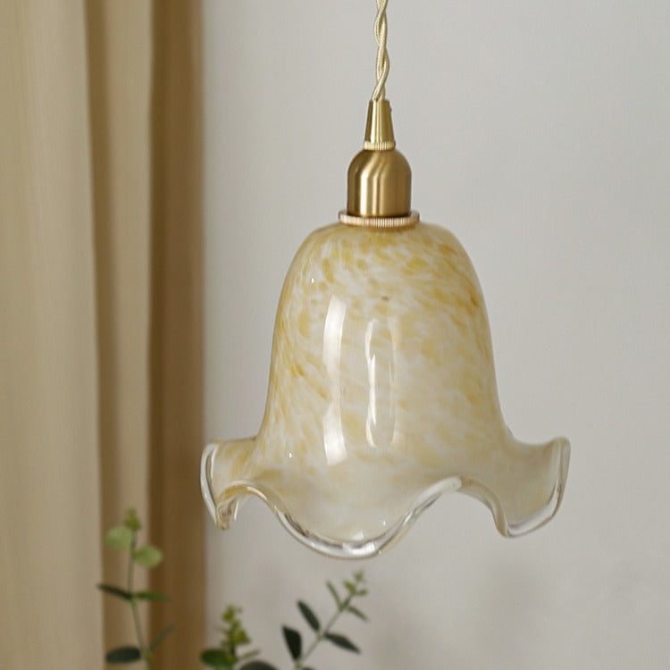 Traditional Vintage Flowers Brass Glass 1-Light Pendant Light For Bedroom