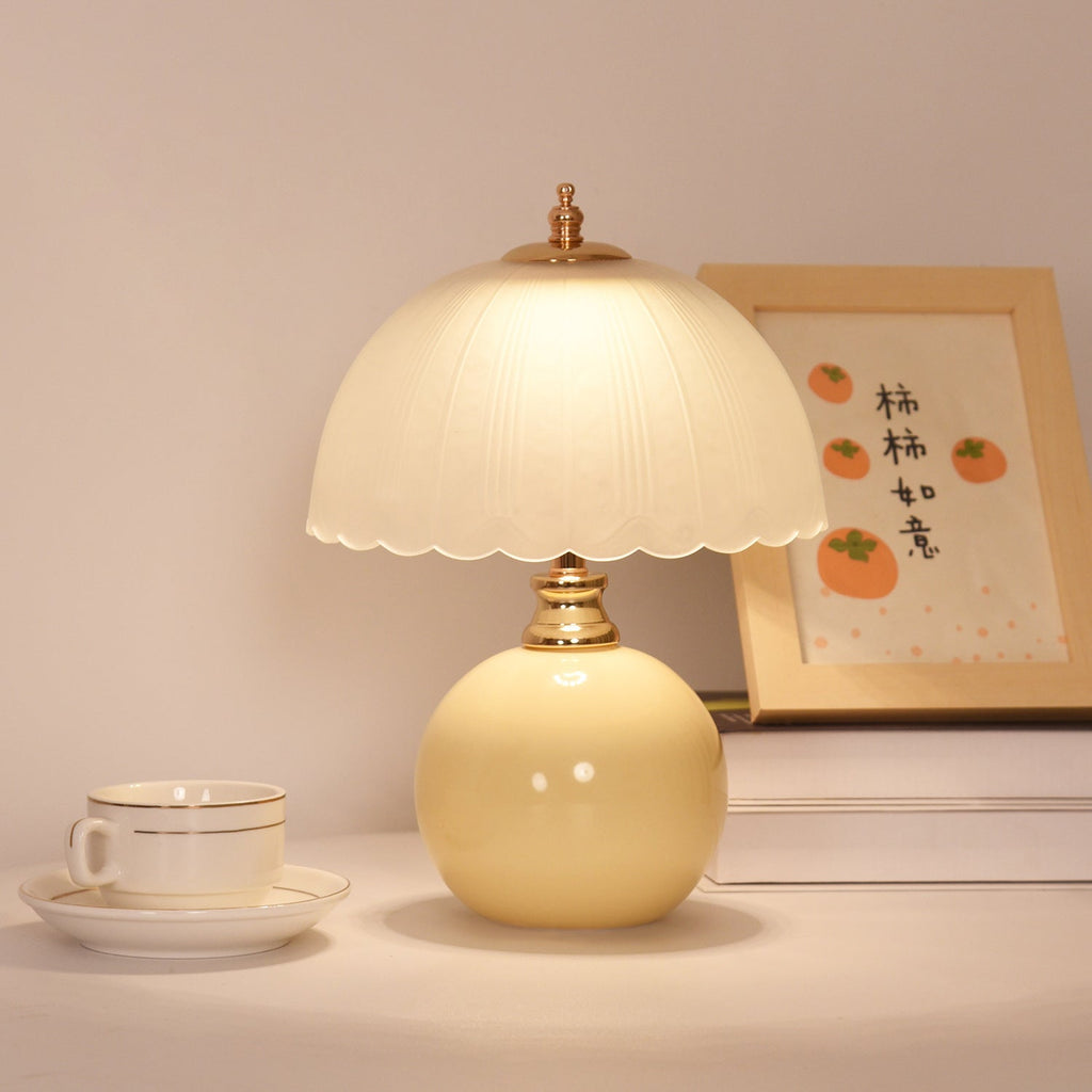 Contemporary Nordic Half Dome Flower Globe Base Iron Ceramic Glass 1-Light Table Lamp For Bedroom Lumendat