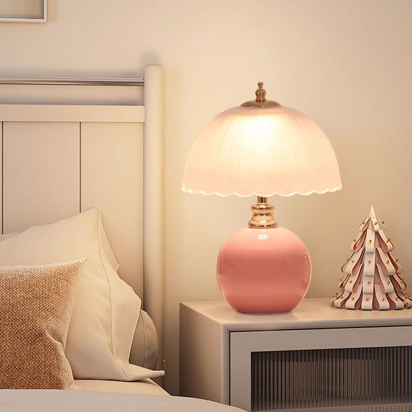 Contemporary Nordic Half Dome Flower Globe Base Iron Ceramic Glass 1-Light Table Lamp For Bedroom Lumendat