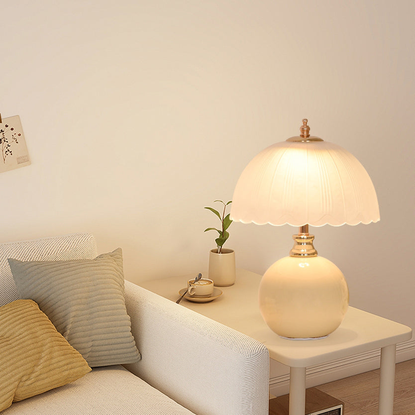 Contemporary Nordic Half Dome Flower Globe Base Iron Ceramic Glass 1-Light Table Lamp For Bedroom Lumendat