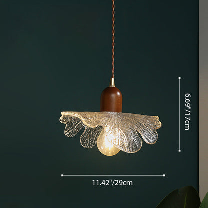 Contemporary Retro Walnut Wood Brass Glass Flower 1-Light Pendant Light For Dining Room