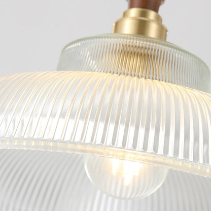 Traditional Japanese Semicircular Loudspeaker Ripple Glass Brass Wood 1-Light Pendant Light For Living Room