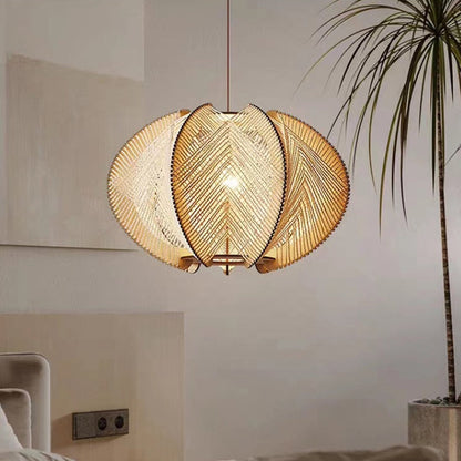 Contemporary Boho Wood Handmade Rattan Nest Shaped 1-Light Pendant Light For Living Room