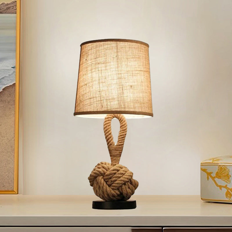 Contemporary Creative Nautical Twisted Rope Knot Drum Shape Fabric Iron 1-Light Table Lamp For Bedroom Lumendat