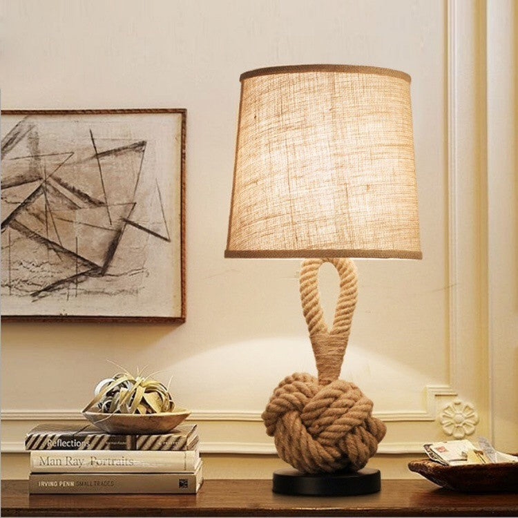 Contemporary Creative Nautical Twisted Rope Knot Drum Shape Fabric Iron 1-Light Table Lamp For Bedroom Lumendat