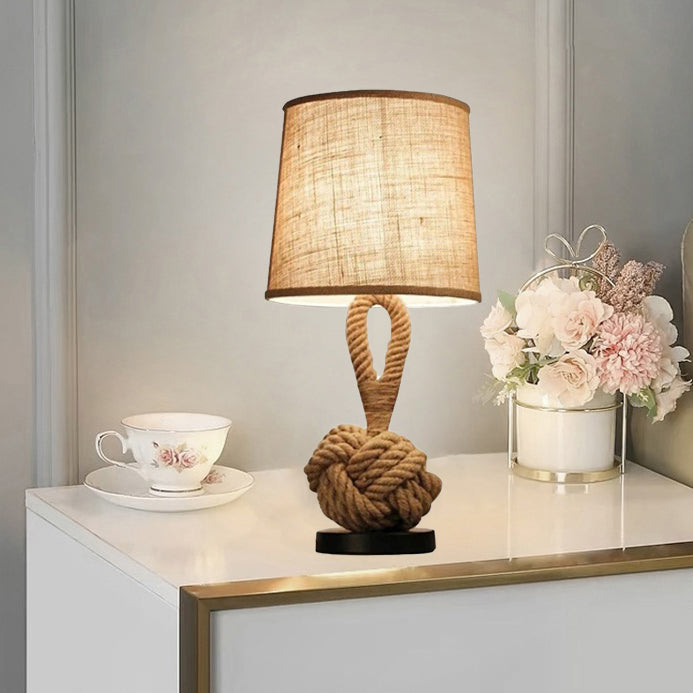 Contemporary Creative Nautical Twisted Rope Knot Drum Shape Fabric Iron 1-Light Table Lamp For Bedroom Lumendat
