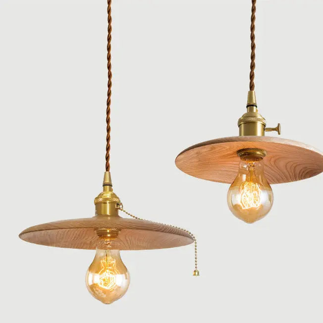 Contemporary Retro Pull Chain Wooden Handle Flying Saucer Brass Wood 1-light Pendant Light for Dining Room BulbSquare