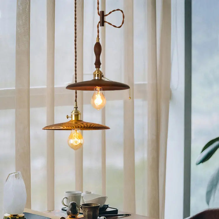 Contemporary Retro Pull Chain Wooden Handle Flying Saucer Brass Wood 1-light Pendant Light for Dining Room BulbSquare