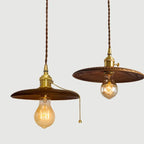 Contemporary Retro Pull Chain Wooden Handle Flying Saucer Brass Wood 1-light Pendant Light for Dining Room BulbSquare