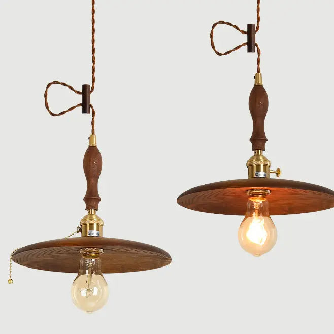 Contemporary Retro Pull Chain Wooden Handle Flying Saucer Brass Wood 1-light Pendant Light for Dining Room BulbSquare