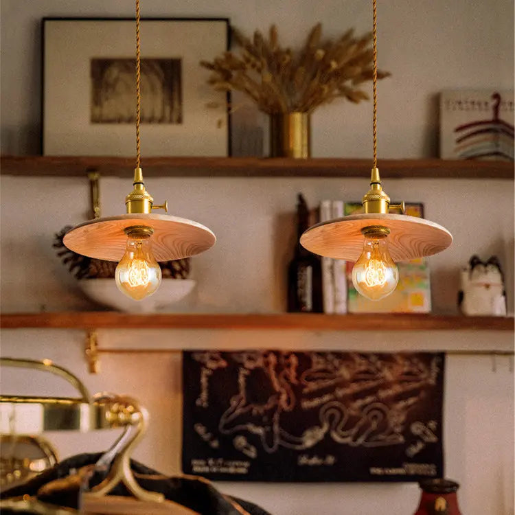 Contemporary Retro Pull Chain Wooden Handle Flying Saucer Brass Wood 1-light Pendant Light for Dining Room BulbSquare
