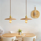 Contemporary Retro Pull Chain Wooden Handle Flying Saucer Brass Wood 1-light Pendant Light for Dining Room BulbSquare