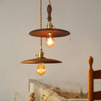 Contemporary Retro Pull Chain Wooden Handle Flying Saucer Brass Wood 1-light Pendant Light for Dining Room BulbSquare