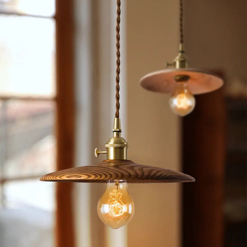Contemporary Retro Pull Chain Wooden Handle Flying Saucer Brass Wood 1-light Pendant Light for Dining Room BulbSquare