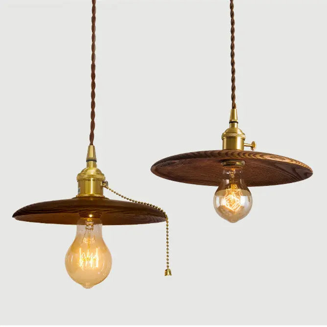 Contemporary Retro Pull Chain Wooden Handle Flying Saucer Brass Wood 1-light Pendant Light for Dining Room BulbSquare