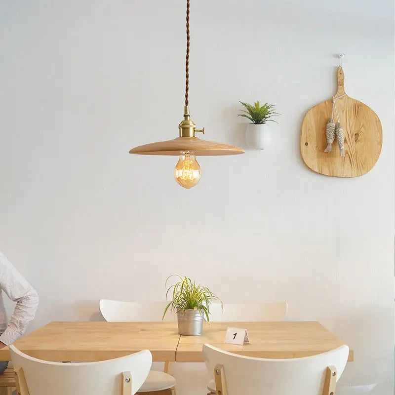 Contemporary Retro Pull Chain Wooden Handle Flying Saucer Brass Wood 1-light Pendant Light for Dining Room BulbSquare