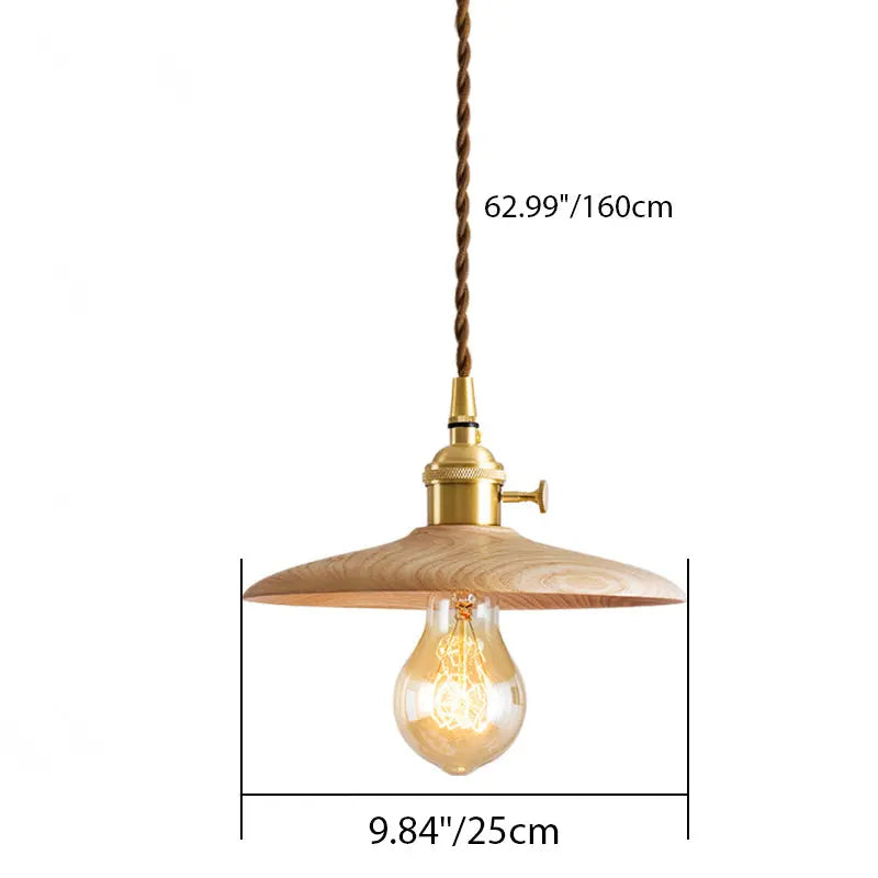 Contemporary Retro Pull Chain Wooden Handle Flying Saucer Brass Wood 1-light Pendant Light for Dining Room BulbSquare