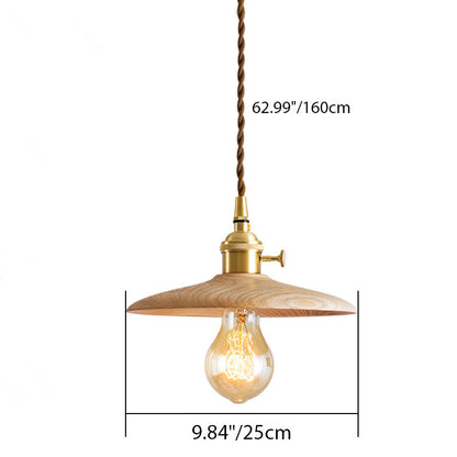 Contemporary Retro Pull Chain Wooden Handle Flying Saucer Brass Wood 1-Light Pendant Light For Dining Room