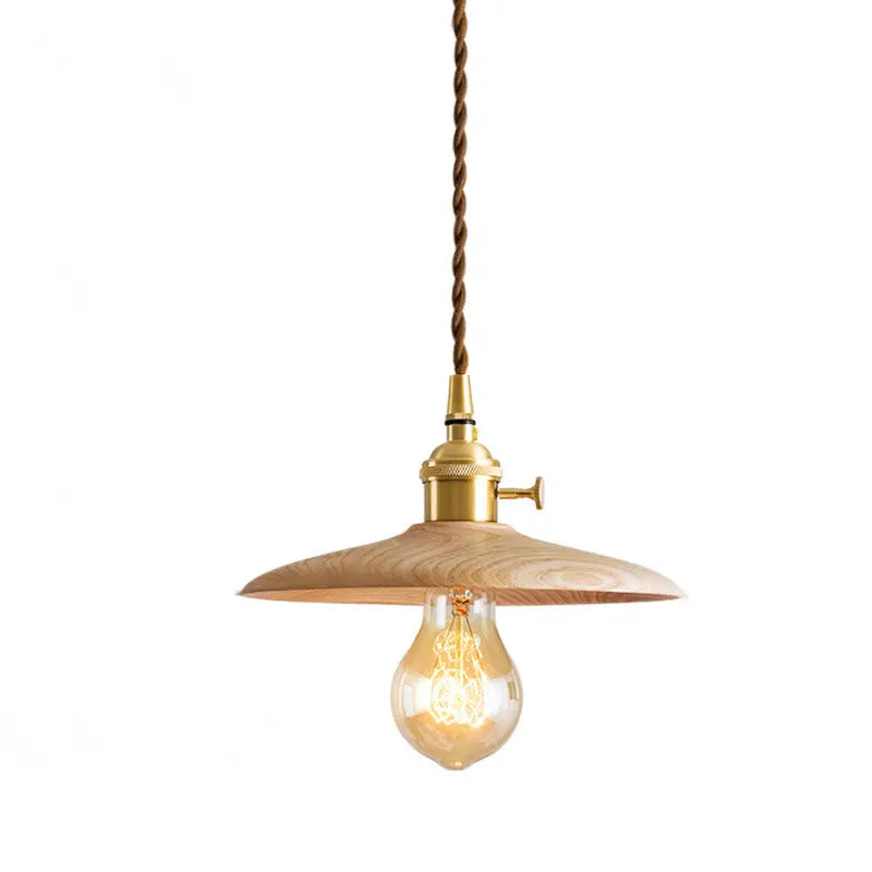 Contemporary Retro Pull Chain Wooden Handle Flying Saucer Brass Wood 1-light Pendant Light for Dining Room BulbSquare