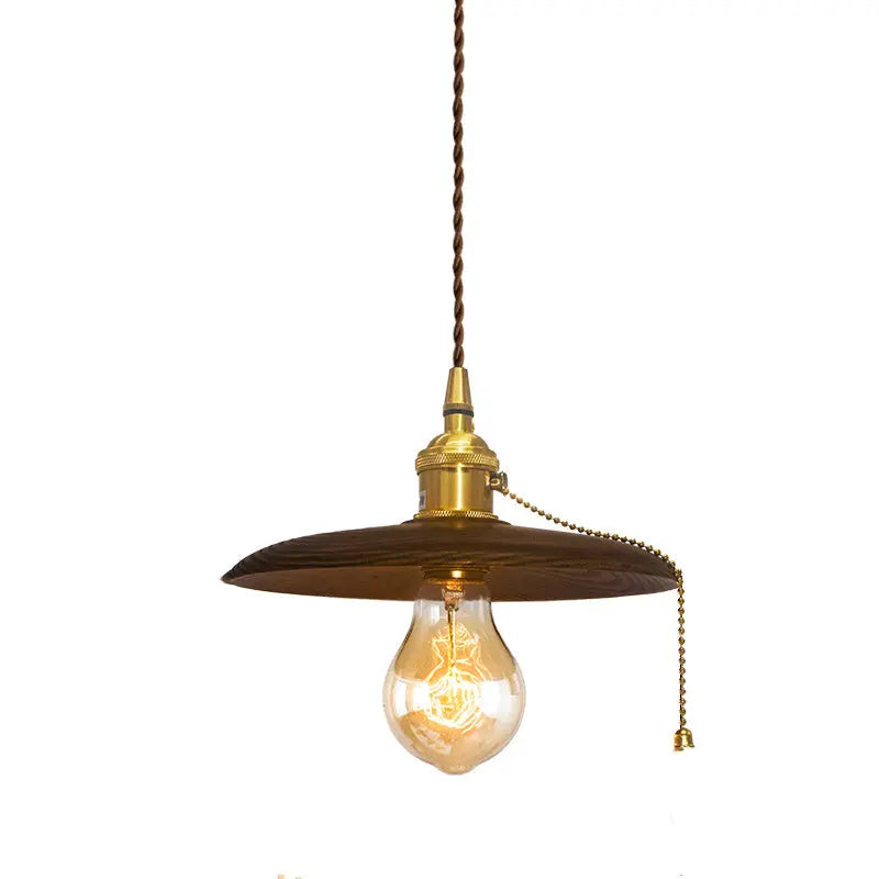 Contemporary Retro Pull Chain Wooden Handle Flying Saucer Brass Wood 1-light Pendant Light for Dining Room BulbSquare