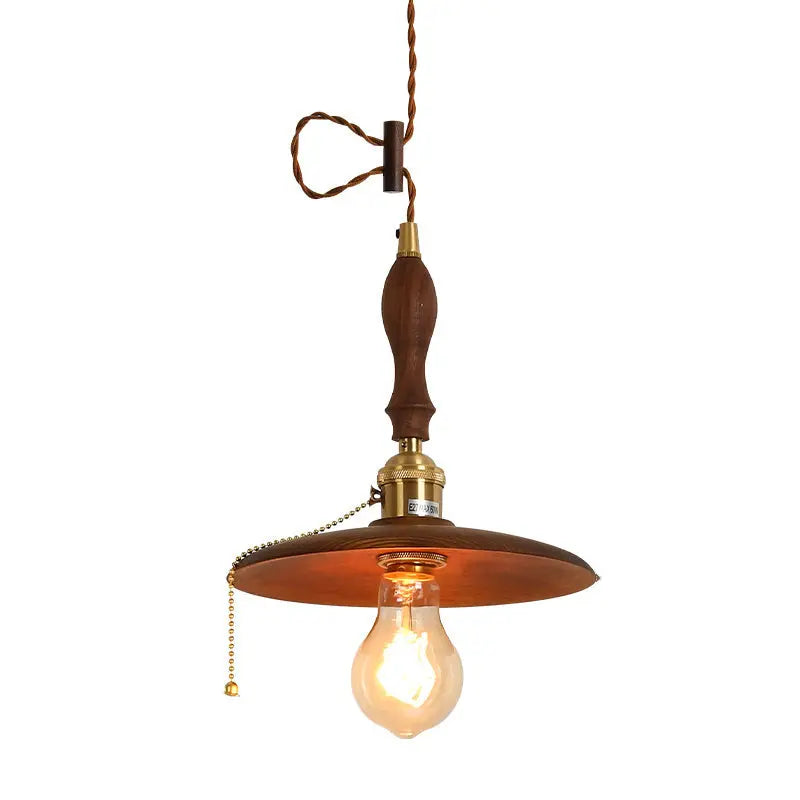Contemporary Retro Pull Chain Wooden Handle Flying Saucer Brass Wood 1-light Pendant Light for Dining Room BulbSquare