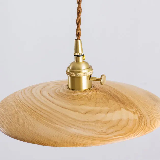 Contemporary Retro Pull Chain Wooden Handle Flying Saucer Brass Wood 1-light Pendant Light for Dining Room BulbSquare