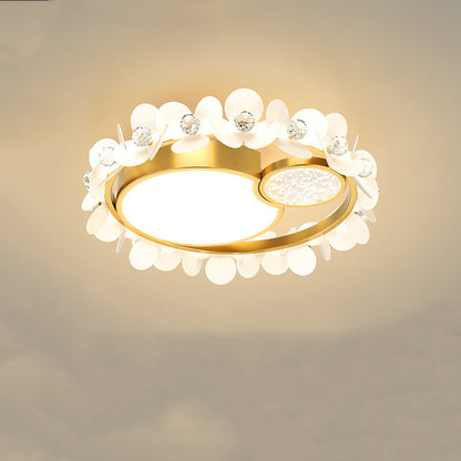 Modern Luxury Iron Acrylic Glass Crystal Petal Round LED Flush Mount Ceiling Light For Bedroom
