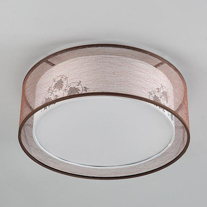 Traditional Chinese Round Square Flower Pattern Iron Fabric 3/5-Light Flush Mount Ceiling Light For Bedroom