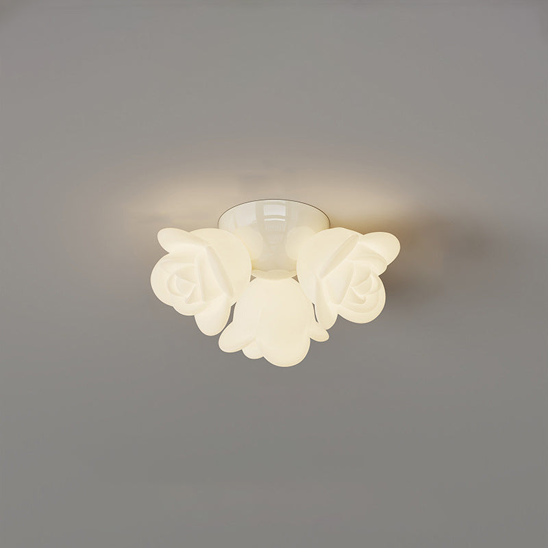 Contemporary Creative Cream Floral Iron PE 3-Light Semi-Flush Mount Ceiling Light For Bedroom