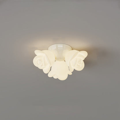 Contemporary Creative Cream Floral Iron PE 3-Light Semi-Flush Mount Ceiling Light For Bedroom