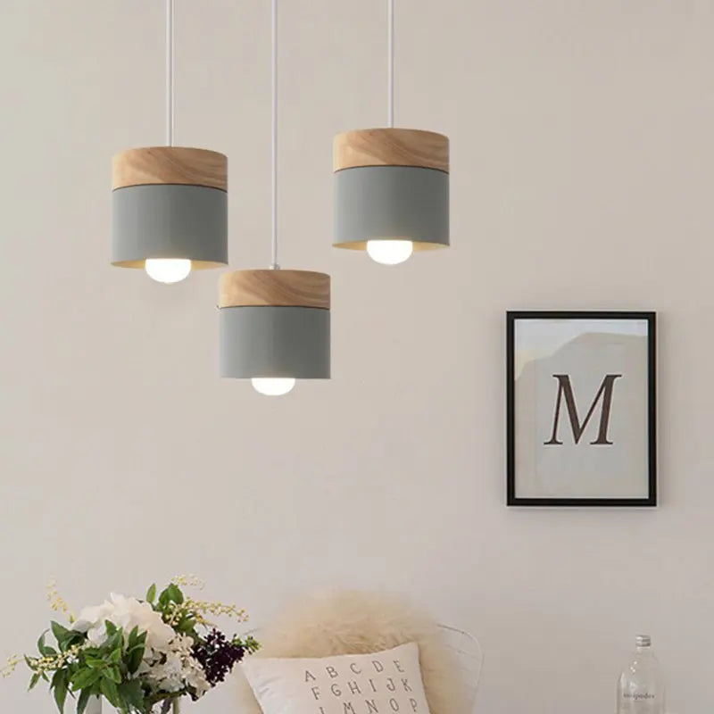 Modern Minimalist Wood Iron Round Cylinder 1-light Pendant Light for Living Room BulbSquare