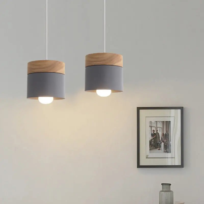 Modern Minimalist Wood Iron Round Cylinder 1-light Pendant Light for Living Room BulbSquare