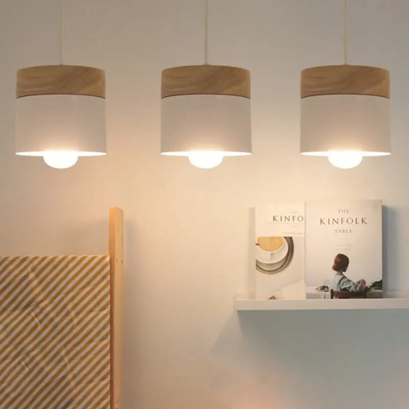 Modern Minimalist Wood Iron Round Cylinder 1-light Pendant Light for Living Room BulbSquare