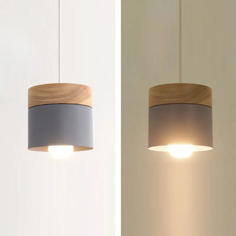 Modern Minimalist Wood Iron Round Cylinder 1-light Pendant Light for Living Room BulbSquare