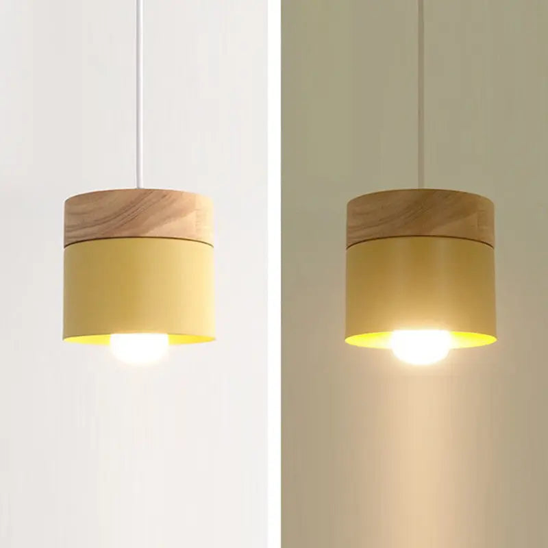 Modern Minimalist Wood Iron Round Cylinder 1-light Pendant Light for Living Room BulbSquare