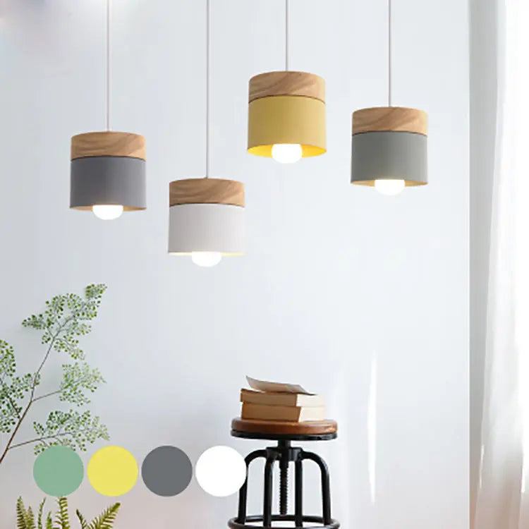 Modern Minimalist Wood Iron Round Cylinder 1-light Pendant Light for Living Room BulbSquare