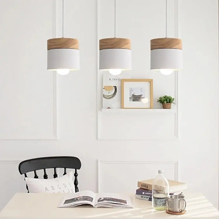 Modern Minimalist Wood Iron Round Cylinder 1-light Pendant Light for Living Room BulbSquare